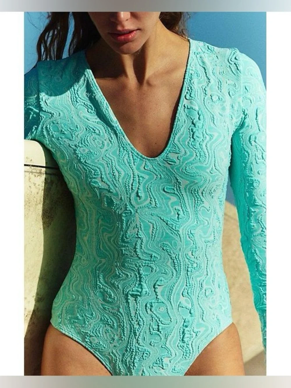 NWT Seea free people Valentina one piece swimsuit long sleeves blue S